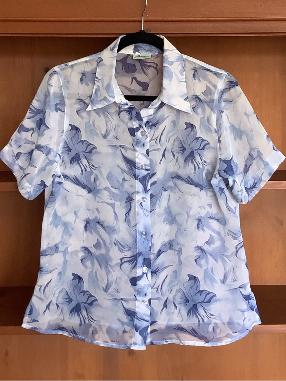 Vintage 90s Penman’s Sheer Blouse Blue Floral Button Up Semi Sheer Size Small